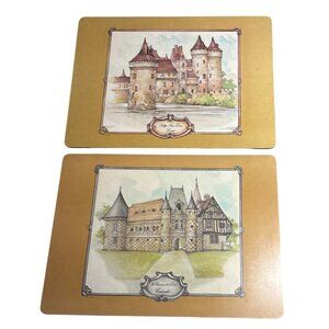 French Chateau Hardboard Placemats Felt Backing Set Of 2 Vintage 11.75" x 8.75"